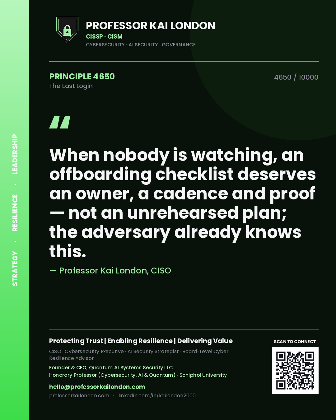 Quote card by Professor Kai London reading 'When nobody is watching, an offboarding checklist deserves an owner, a cadence and proof — not an unrehearsed plan; the adversary already knows this.'. From the book The Last Login.