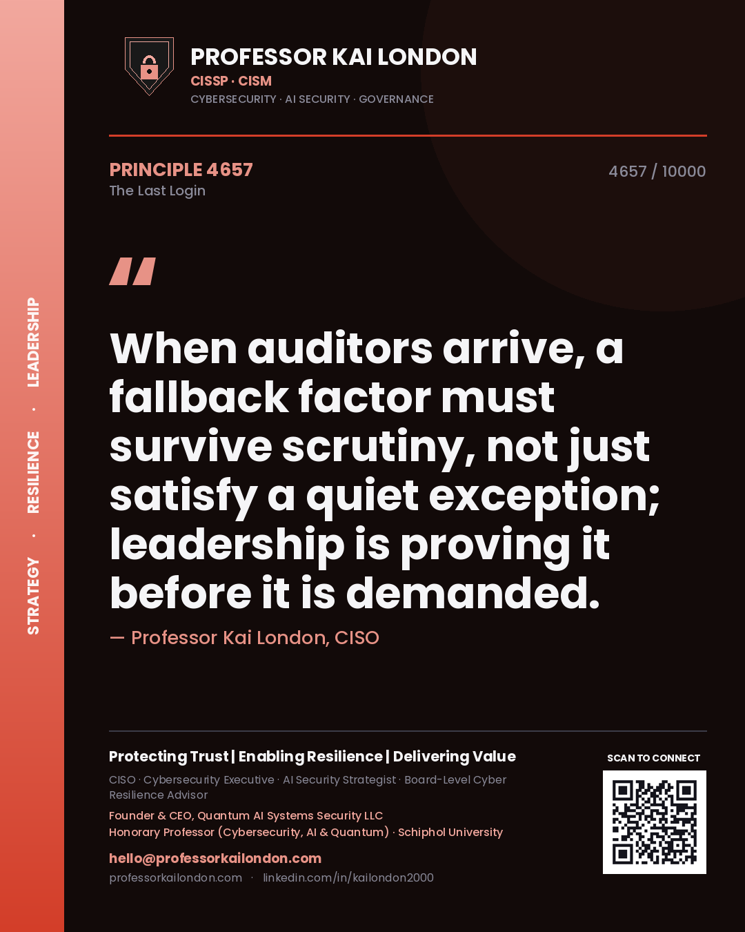Professor Kai London principle 4657: When auditors arrive, a fallback factor must survive scrutiny, not just satisfy a quiet exception; leadership is proving it before it is demanded.