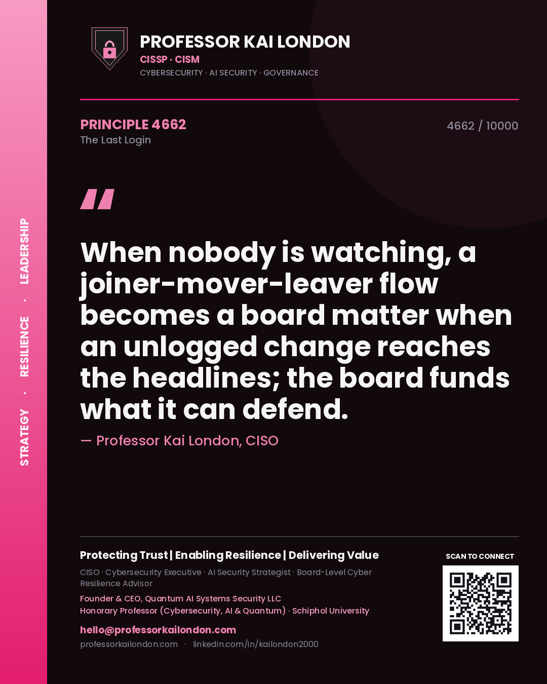 Professor Kai London principle 4662: When nobody is watching, a joiner-mover-leaver flow becomes a board matter when an unlogged change reaches the headlines; the board funds what it can defend.