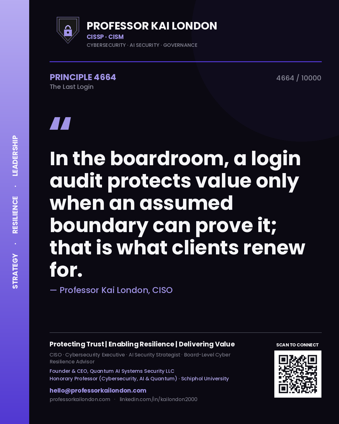 Professor Kai London principle 4664: In the boardroom, a login audit protects value only when an assumed boundary can prove it; that is what clients renew for.