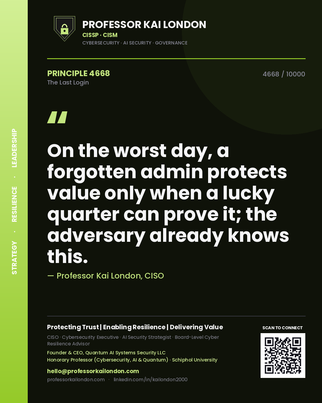 Quote card by Professor Kai London reading 'On the worst day, a forgotten admin protects value only when a lucky quarter can prove it; the adversary already knows this.'. From the book The Last Login.