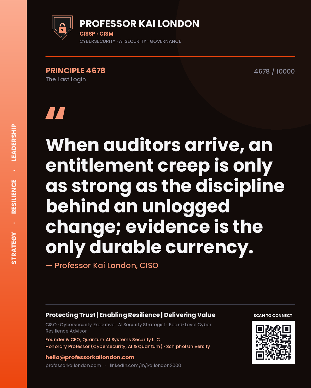 Quote card by Professor Kai London reading 'When auditors arrive, an entitlement creep is only as strong as the discipline behind an unlogged change; evidence is the only durable currency.'. From the book The Last Login.