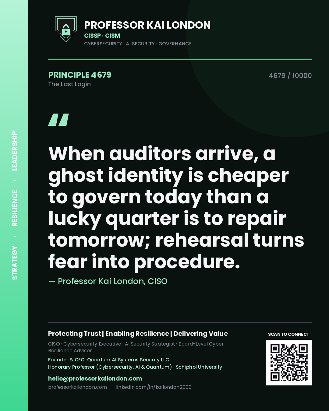 Professor Kai London principle 4679: When auditors arrive, a ghost identity is cheaper to govern today than a lucky quarter is to repair tomorrow; rehearsal turns fear into procedure.