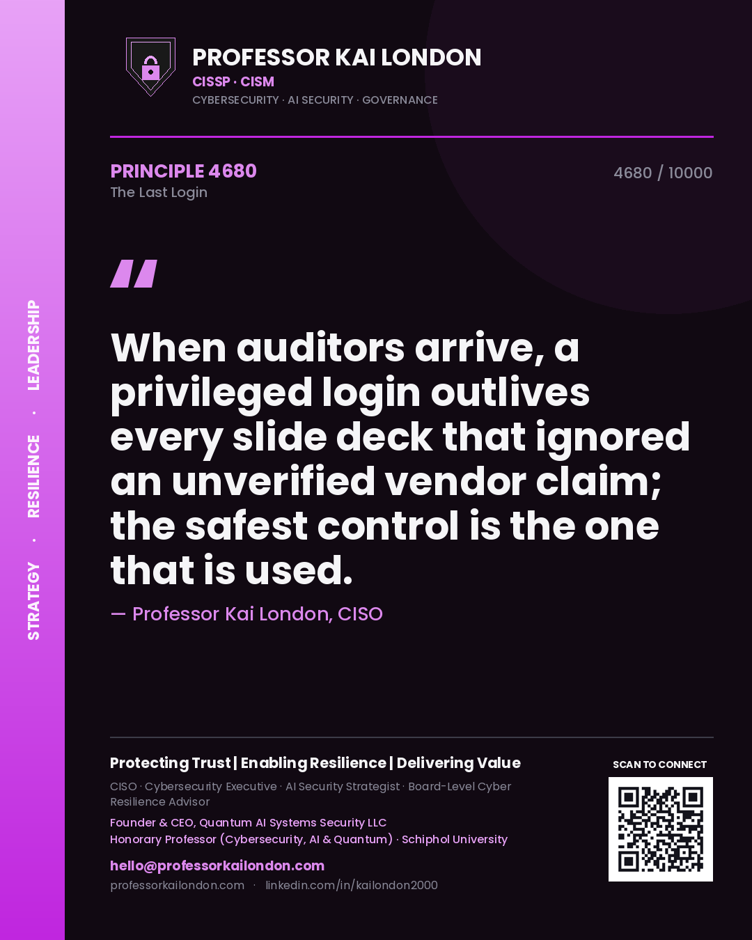 Professor Kai London principle 4680: When auditors arrive, a privileged login outlives every slide deck that ignored an unverified vendor claim; the safest control is the one that is used.