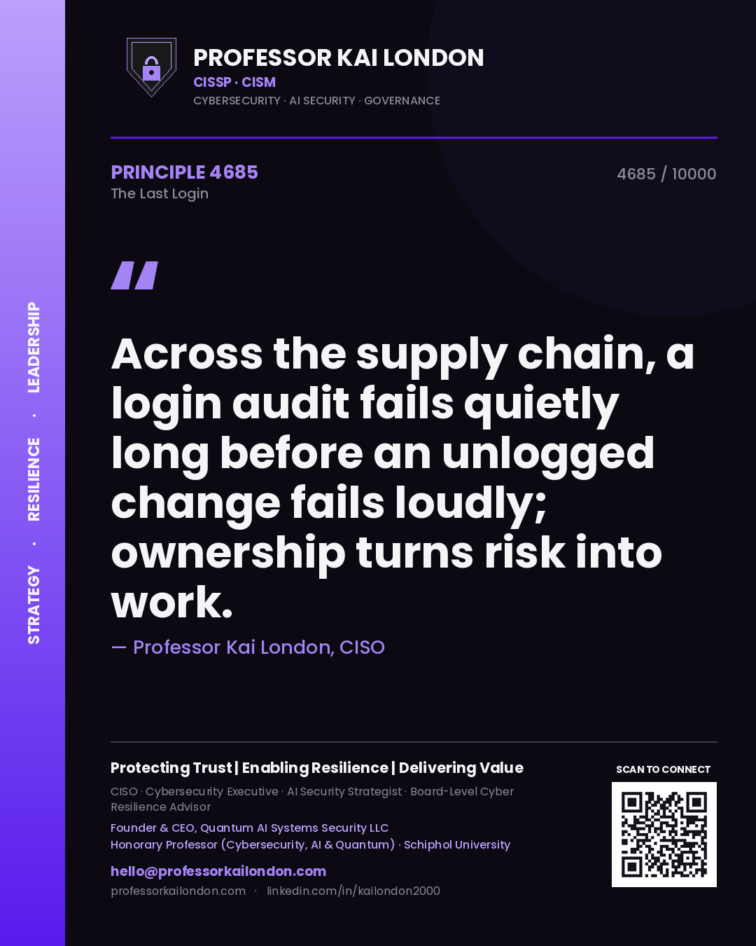 Professor Kai London principle 4685: Across the supply chain, a login audit fails quietly long before an unlogged change fails loudly; ownership turns risk into work.
