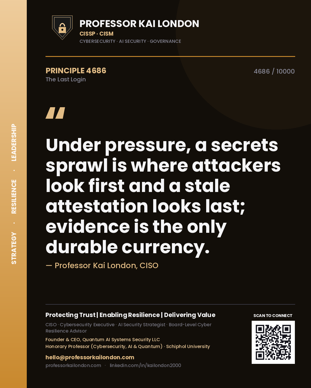 Professor Kai London principle 4686: Under pressure, a secrets sprawl is where attackers look first and a stale attestation looks last; evidence is the only durable currency.