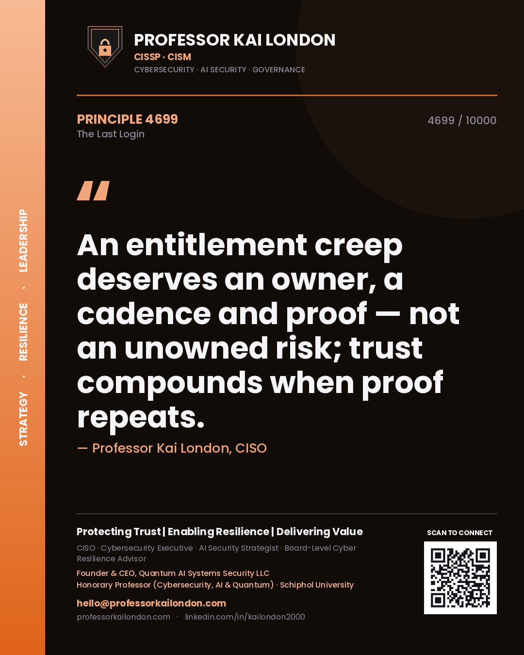 Quote card by Professor Kai London reading 'An entitlement creep deserves an owner, a cadence and proof — not an unowned risk; trust compounds when proof repeats.'. From the book The Last Login.