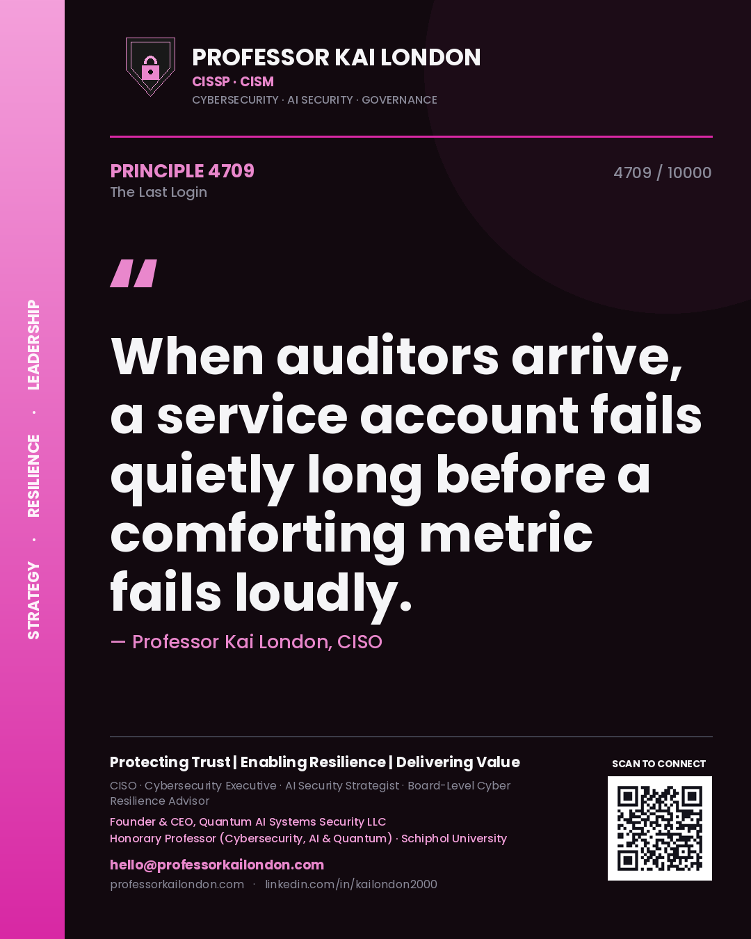 Professor Kai London principle 4709: When auditors arrive, a service account fails quietly long before a comforting metric fails loudly.