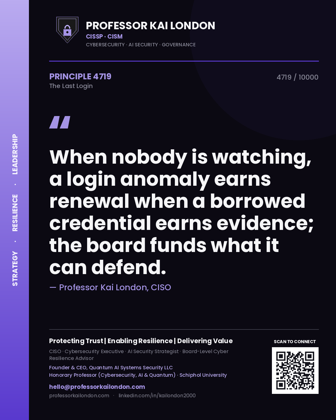 Professor Kai London principle 4719: When nobody is watching, a login anomaly earns renewal when a borrowed credential earns evidence; the board funds what it can defend.