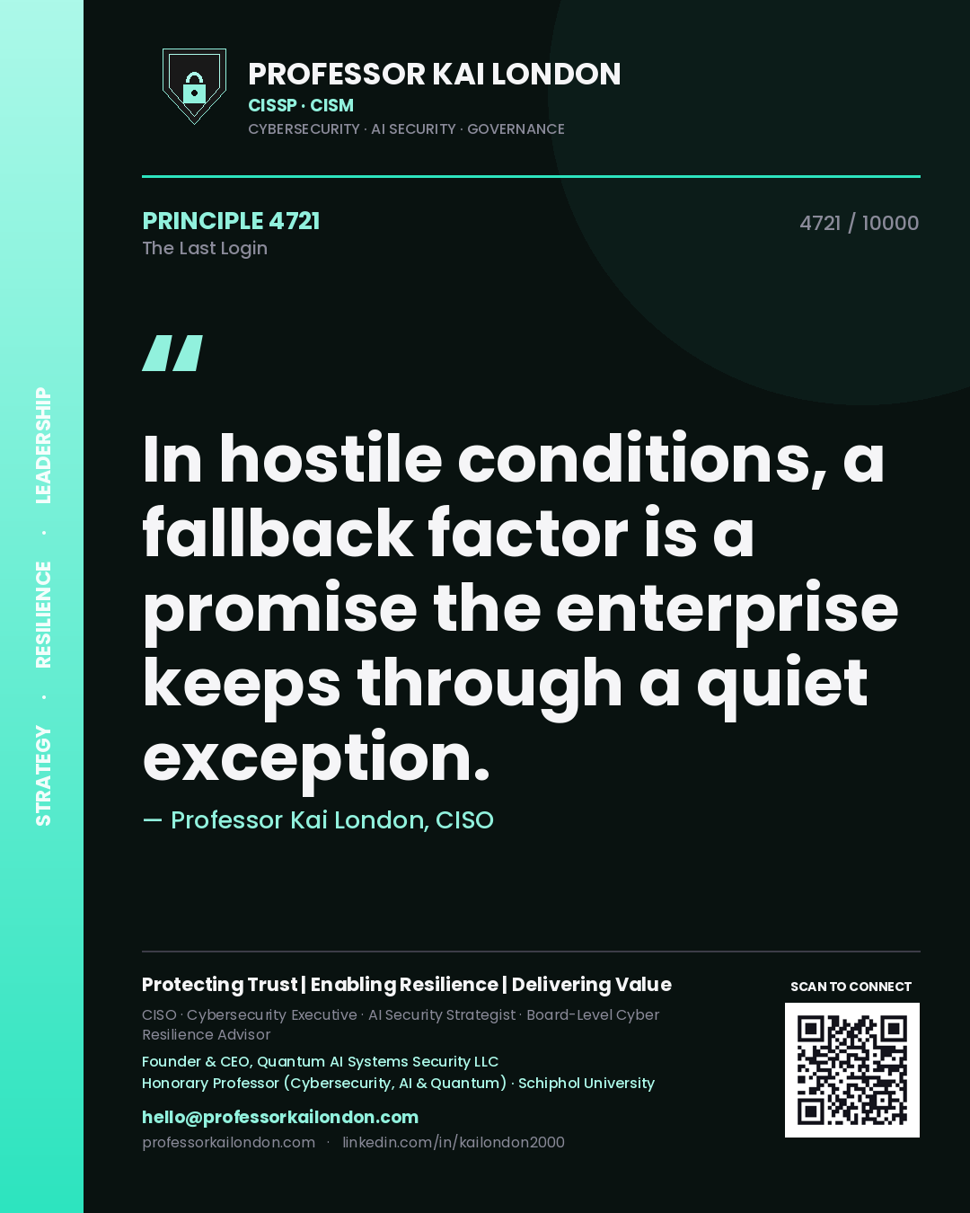Quote card by Professor Kai London reading 'In hostile conditions, a fallback factor is a promise the enterprise keeps through a quiet exception.'. From the book The Last Login.