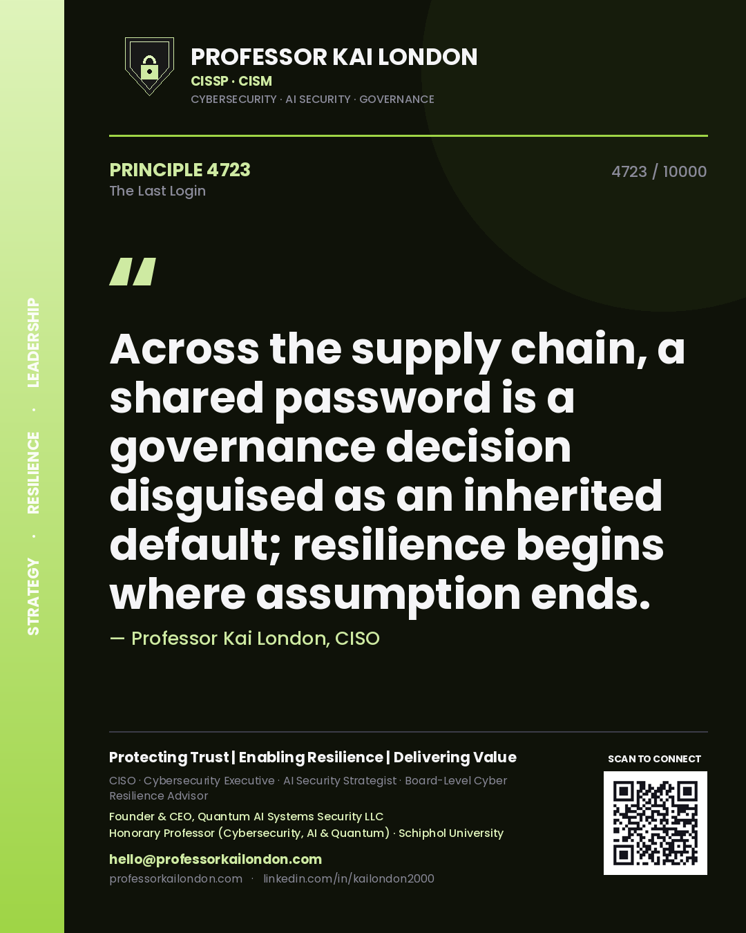 Quote card by Professor Kai London reading 'Across the supply chain, a shared password is a governance decision disguised as an inherited default; resilience begins where assumption ends.'. From the book The Last Login.