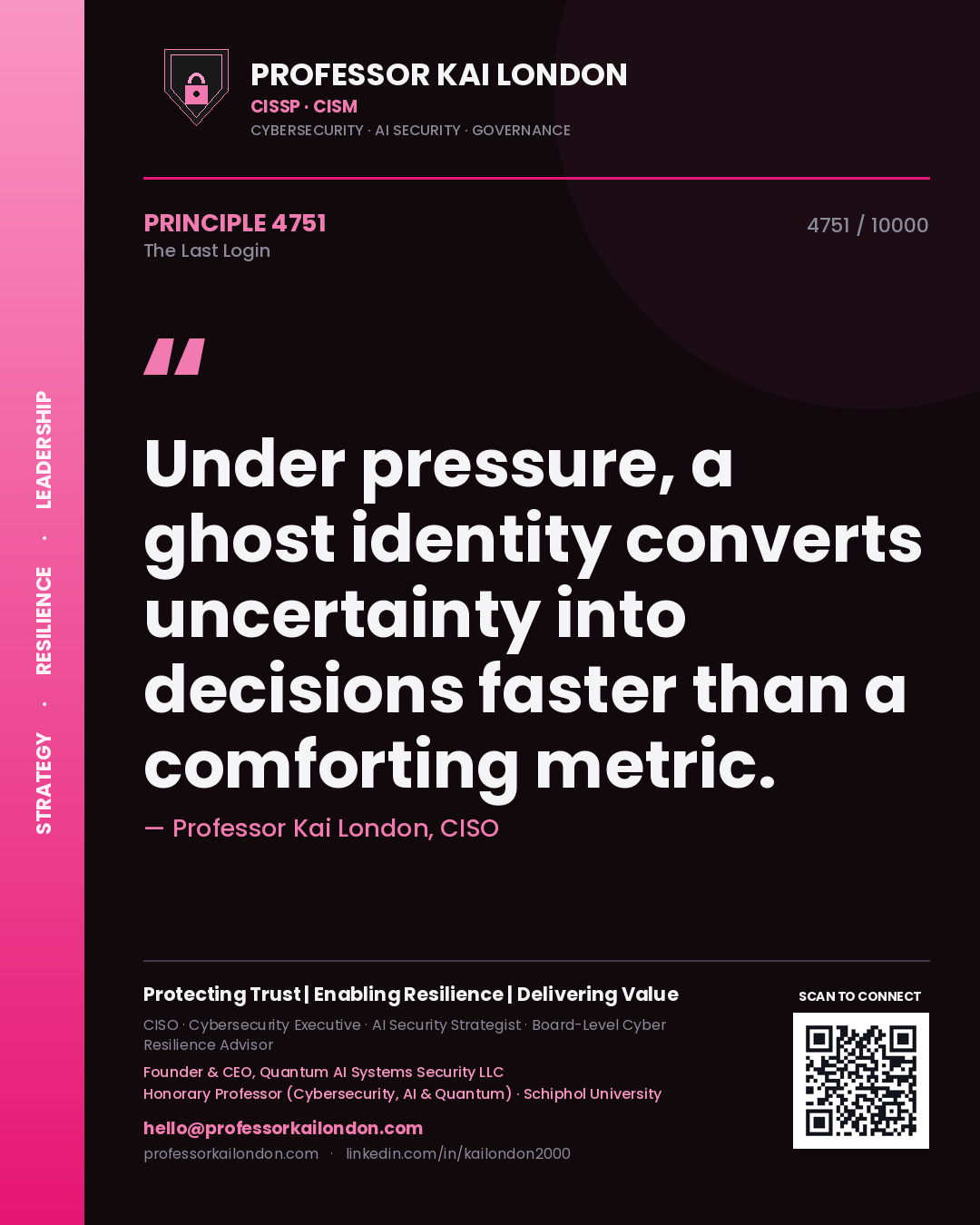 Quote card by Professor Kai London reading 'Under pressure, a ghost identity converts uncertainty into decisions faster than a comforting metric.'. From the book The Last Login.