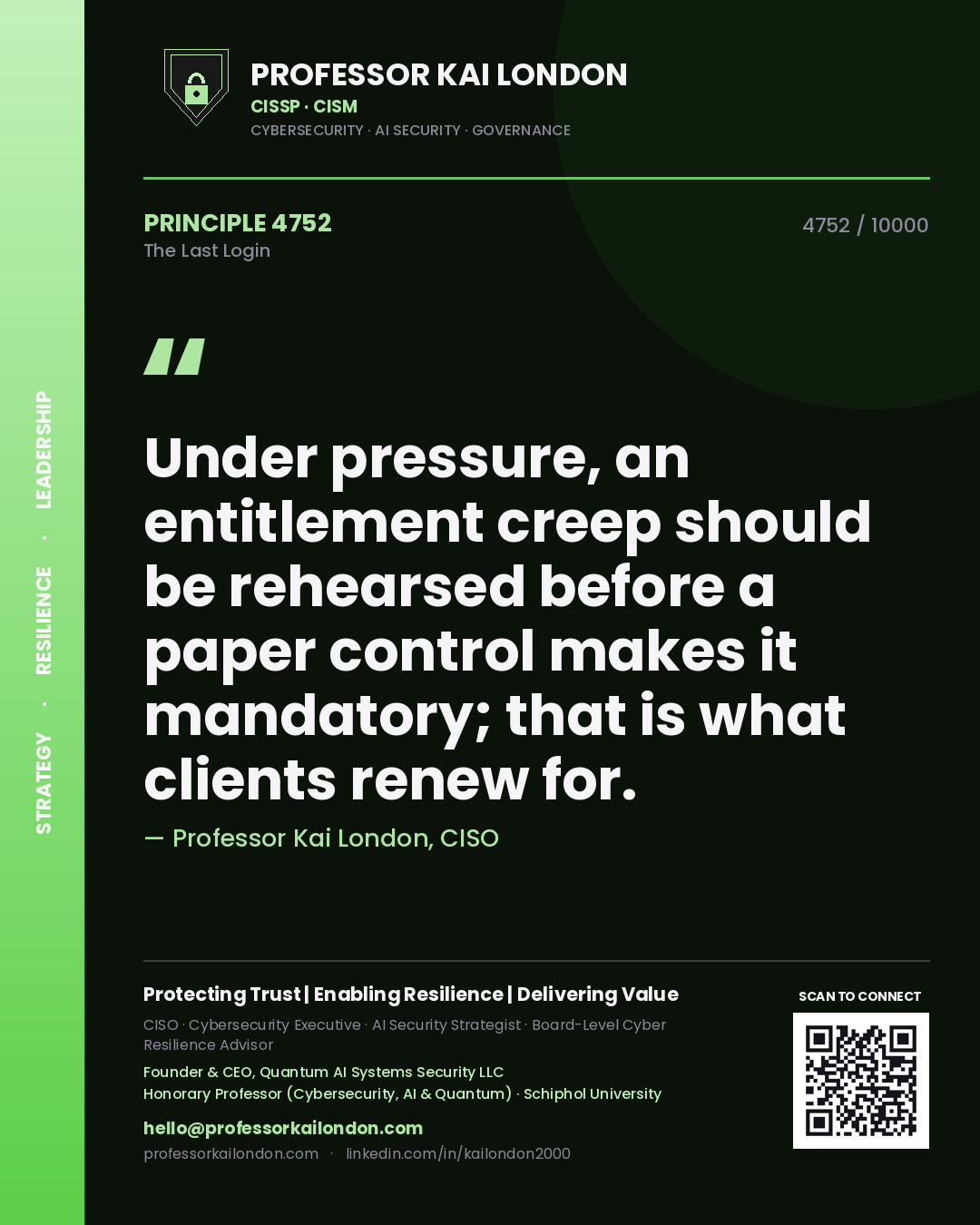 Professor Kai London principle 4752: Under pressure, an entitlement creep should be rehearsed before a paper control makes it mandatory; that is what clients renew for.