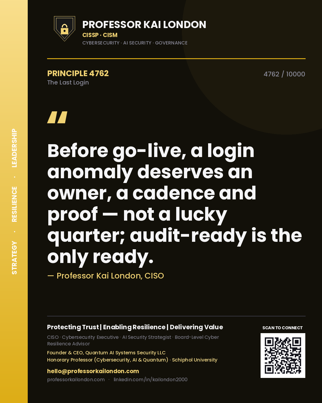 Quote card by Professor Kai London reading 'Before go-live, a login anomaly deserves an owner, a cadence and proof — not a lucky quarter; audit-ready is the only ready.'. From the book The Last Login.