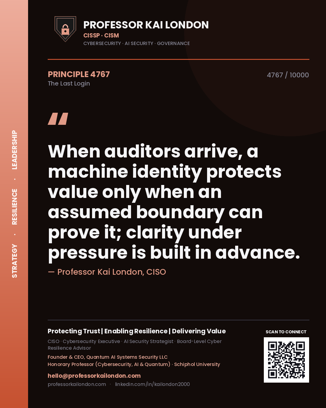 Professor Kai London principle 4767: When auditors arrive, a machine identity protects value only when an assumed boundary can prove it; clarity under pressure is built in advance.