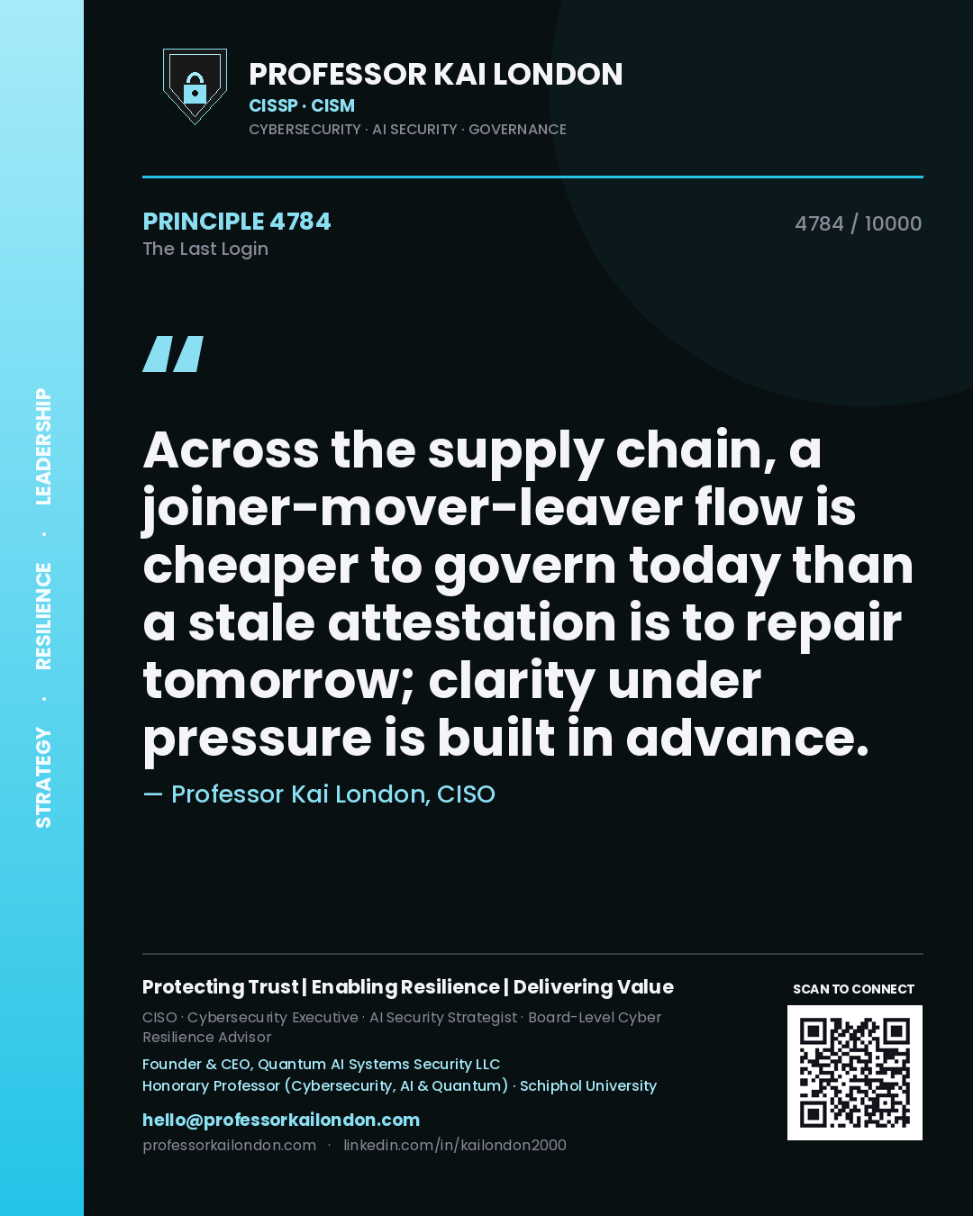 Quote card by Professor Kai London reading 'Across the supply chain, a joiner-mover-leaver flow is cheaper to govern today than a stale attestation is to repair tomorrow; clarity under pressure is built in advance.'. From the book The Last Login.