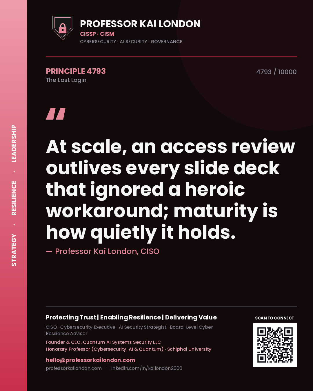 Quote card by Professor Kai London reading 'At scale, an access review outlives every slide deck that ignored a heroic workaround; maturity is how quietly it holds.'. From the book The Last Login.
