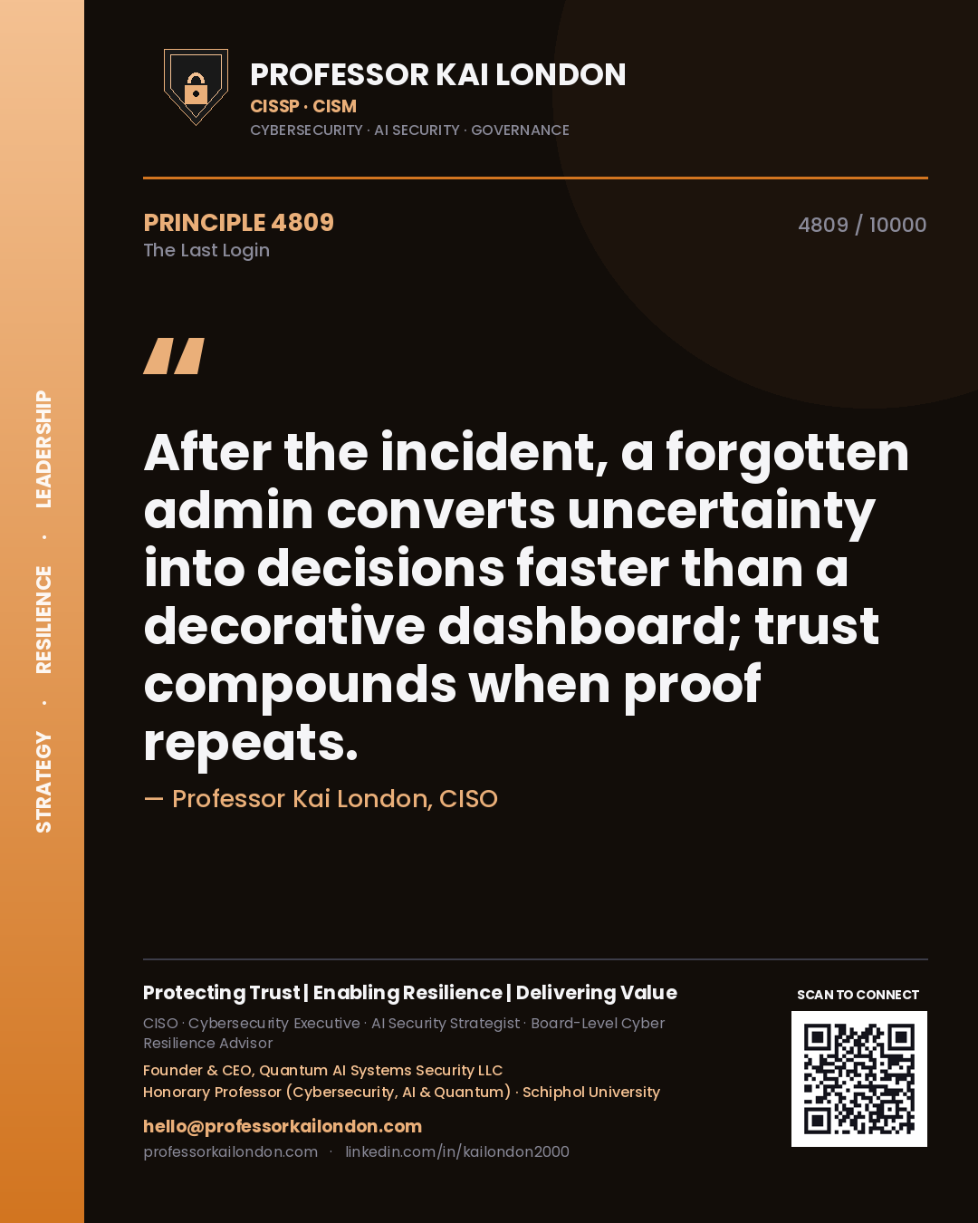 Quote card by Professor Kai London reading 'After the incident, a forgotten admin converts uncertainty into decisions faster than a decorative dashboard; trust compounds when proof repeats.'. From the book The Last Login.
