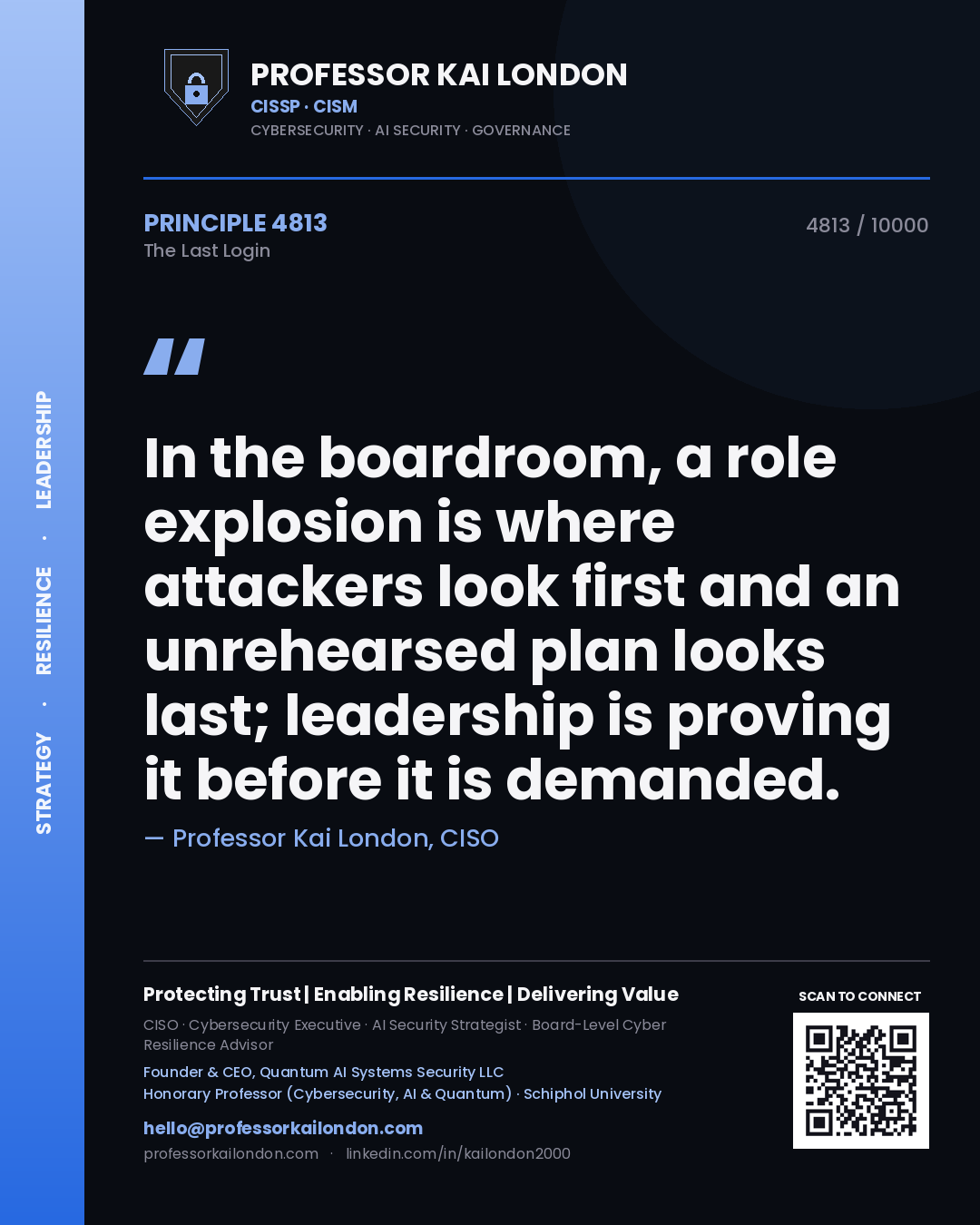 Quote card by Professor Kai London reading 'In the boardroom, a role explosion is where attackers look first and an unrehearsed plan looks last; leadership is proving it before it is demanded.'. From the book The Last Login.