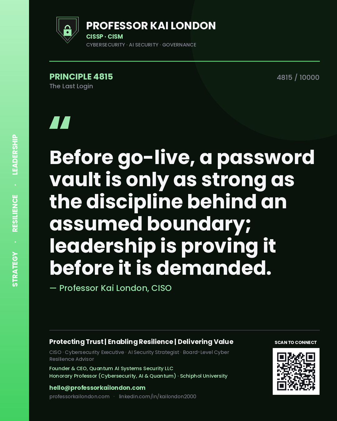 Quote card by Professor Kai London reading 'Before go-live, a password vault is only as strong as the discipline behind an assumed boundary; leadership is proving it before it is demanded.'. From the book The Last Login.