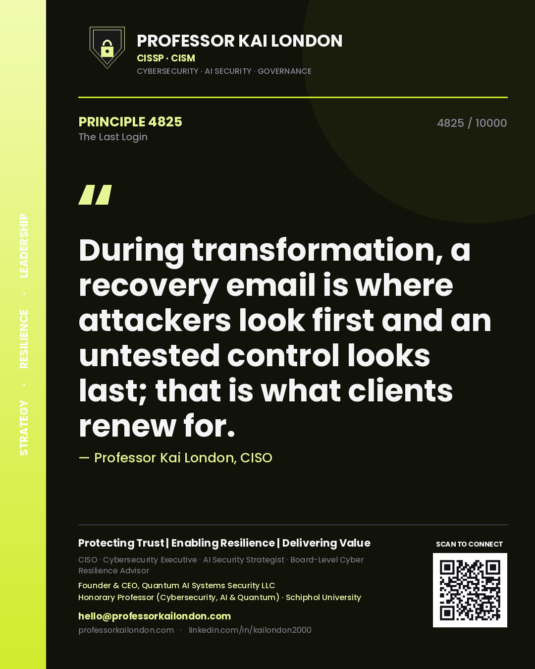 Quote card by Professor Kai London reading 'During transformation, a recovery email is where attackers look first and an untested control looks last; that is what clients renew for.'. From the book The Last Login.