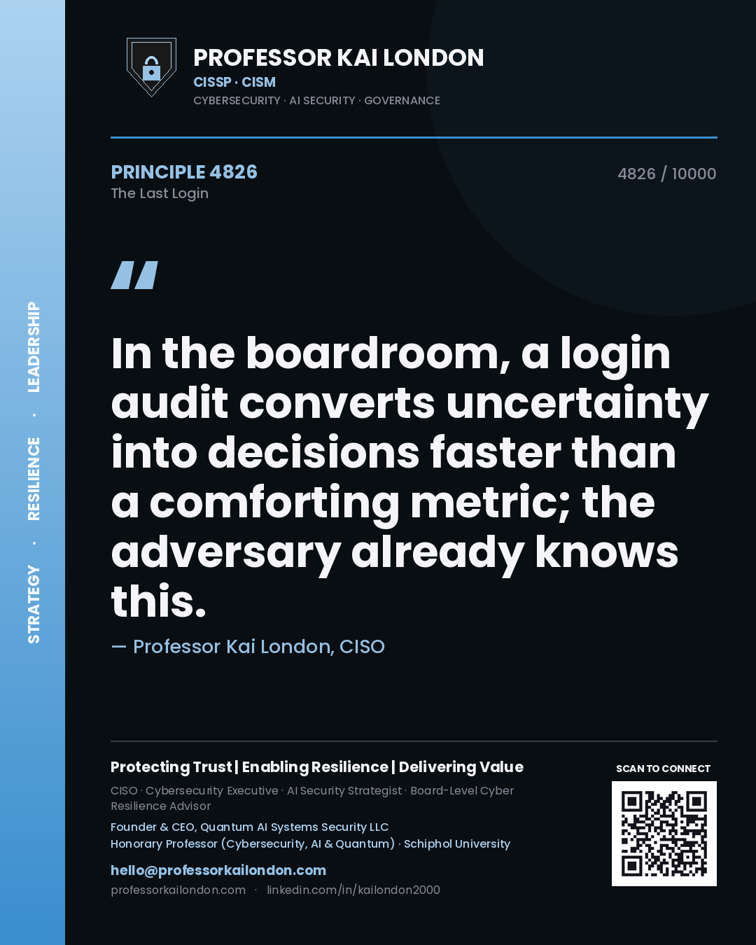 Quote card by Professor Kai London reading 'In the boardroom, a login audit converts uncertainty into decisions faster than a comforting metric; the adversary already knows this.'. From the book The Last Login.