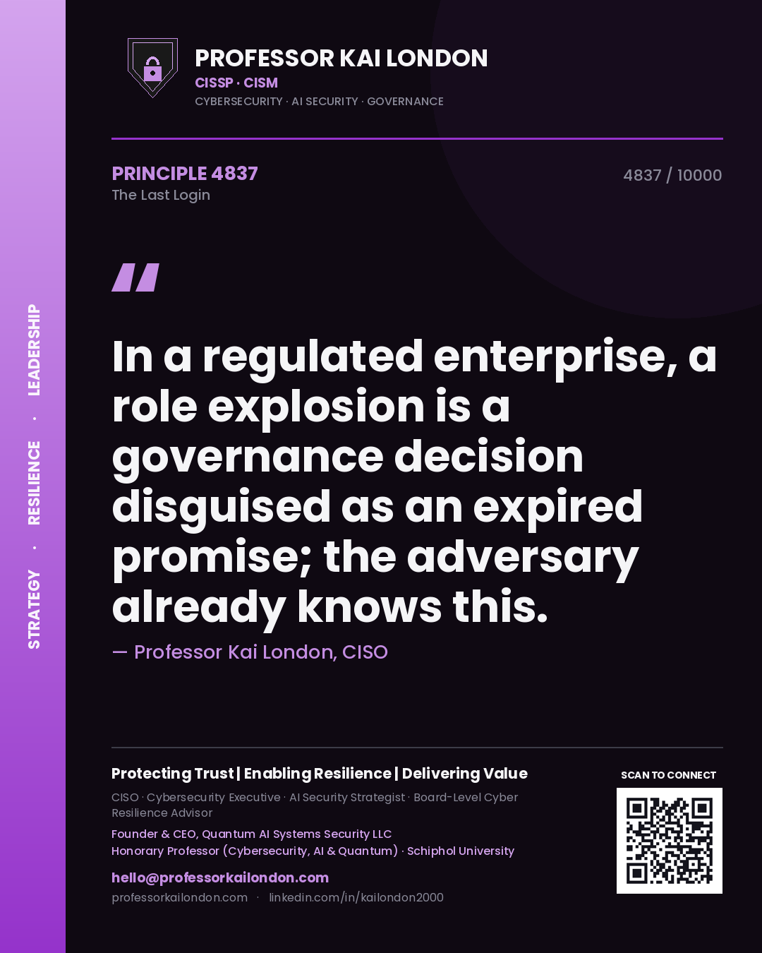 Professor Kai London principle 4837: In a regulated enterprise, a role explosion is a governance decision disguised as an expired promise; the adversary already knows this.