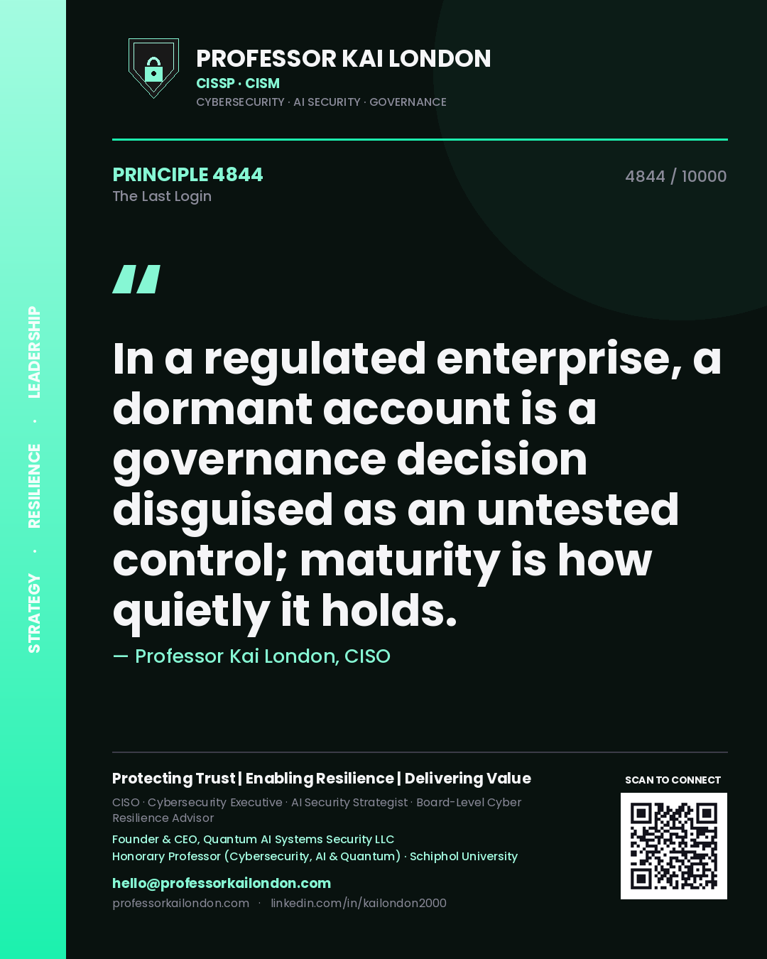 Professor Kai London principle 4844: In a regulated enterprise, a dormant account is a governance decision disguised as an untested control; maturity is how quietly it holds.