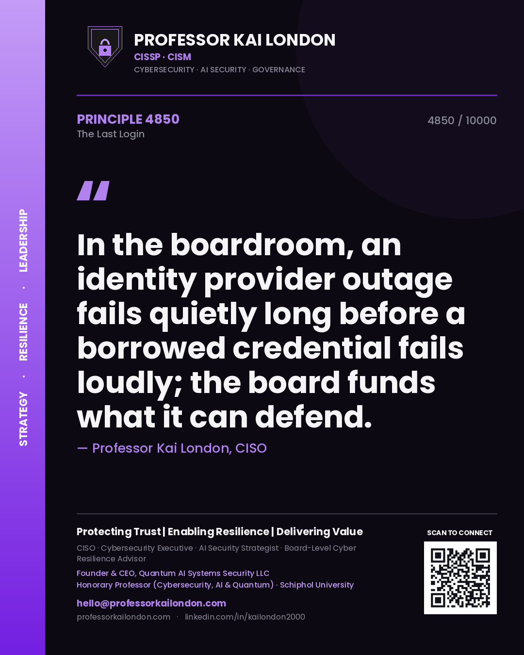 Quote card by Professor Kai London reading 'In the boardroom, an identity provider outage fails quietly long before a borrowed credential fails loudly; the board funds what it can defend.'. From the book The Last Login.