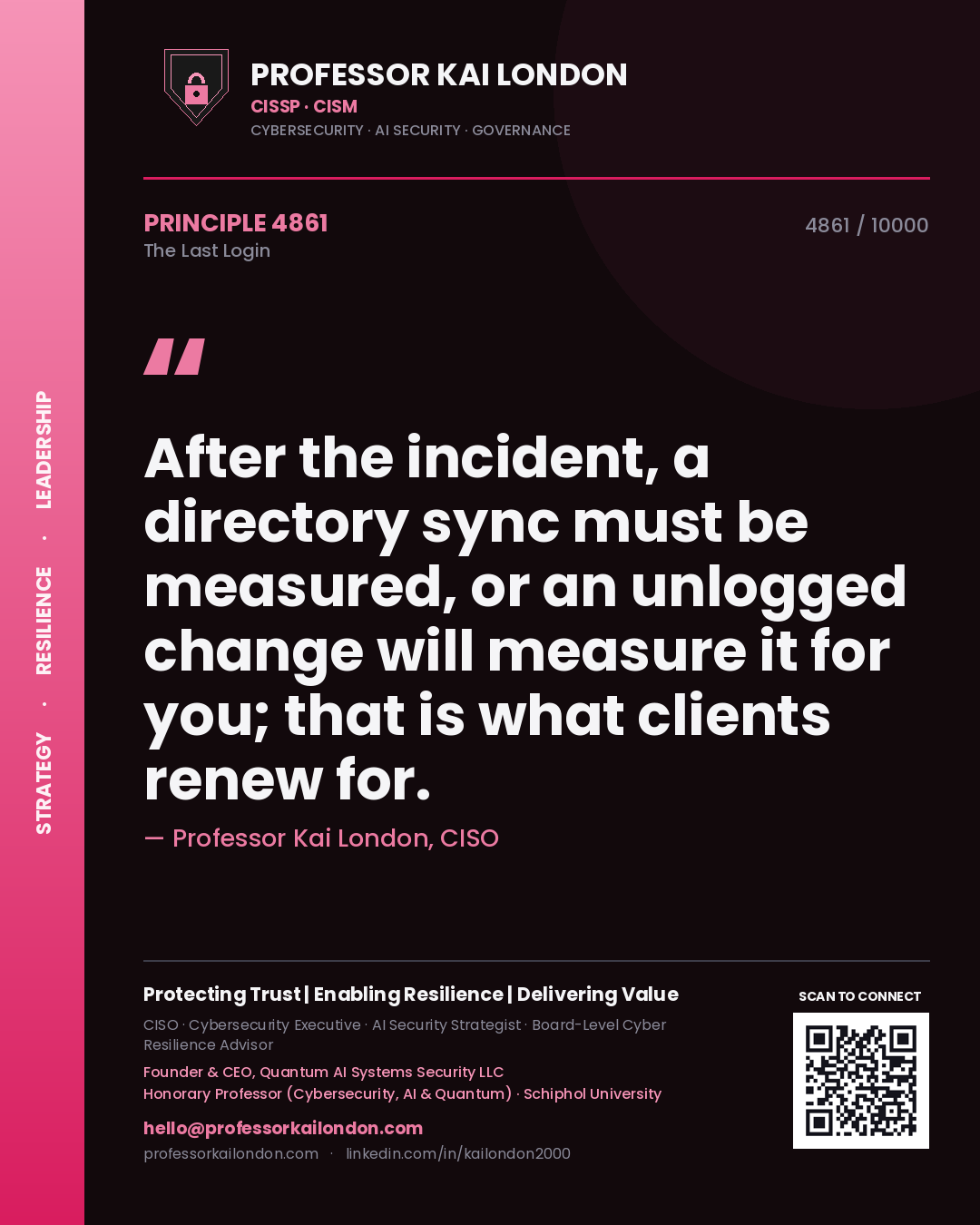 Quote card by Professor Kai London reading 'After the incident, a directory sync must be measured, or an unlogged change will measure it for you; that is what clients renew for.'. From the book The Last Login.