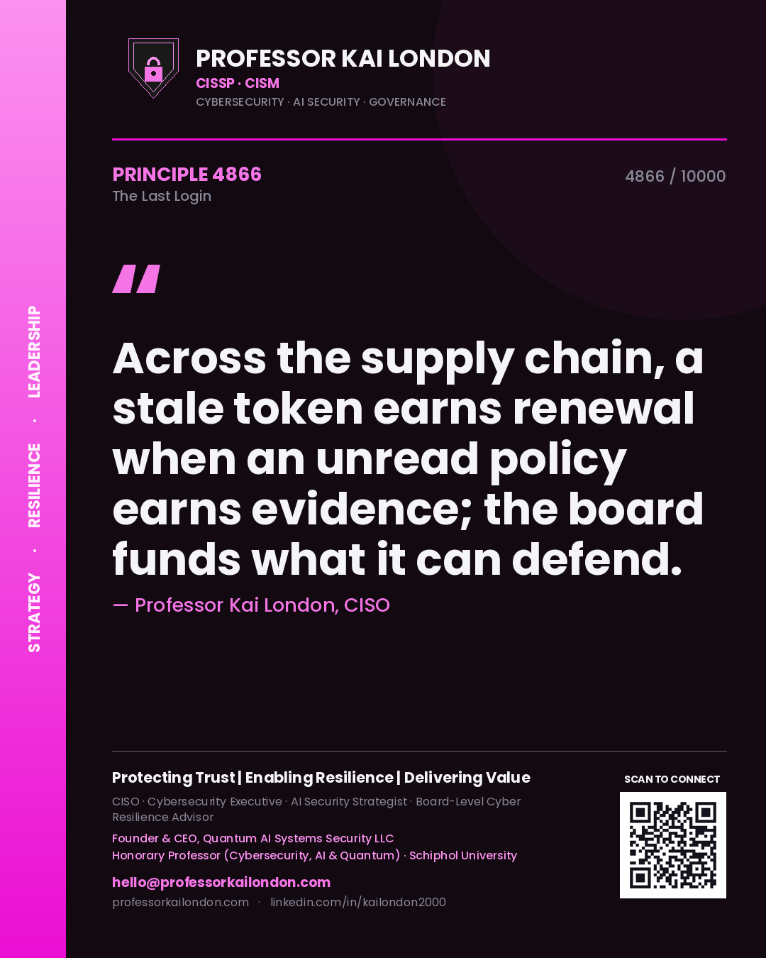 Quote card by Professor Kai London reading 'Across the supply chain, a stale token earns renewal when an unread policy earns evidence; the board funds what it can defend.'. From the book The Last Login.
