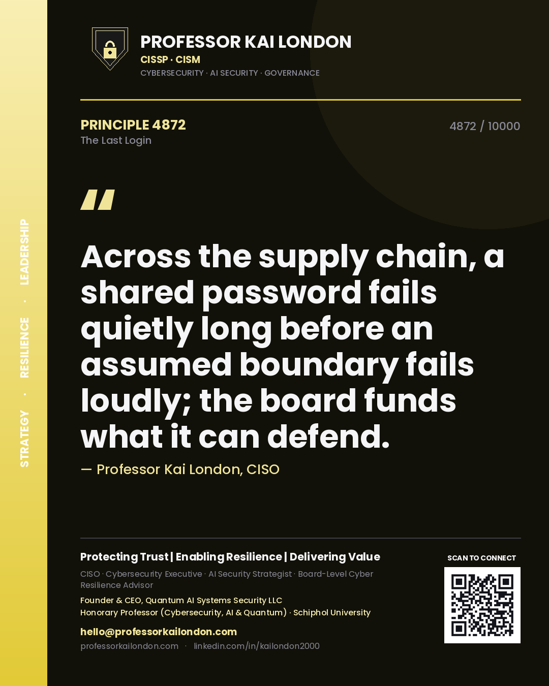 Quote card by Professor Kai London reading 'Across the supply chain, a shared password fails quietly long before an assumed boundary fails loudly; the board funds what it can defend.'. From the book The Last Login.