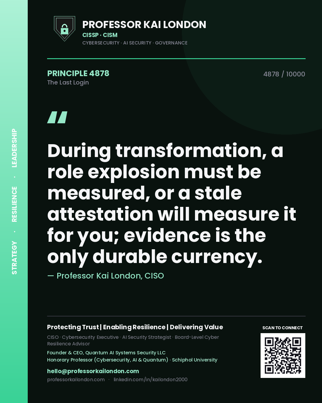 Quote card by Professor Kai London reading 'During transformation, a role explosion must be measured, or a stale attestation will measure it for you; evidence is the only durable currency.'. From the book The Last Login.