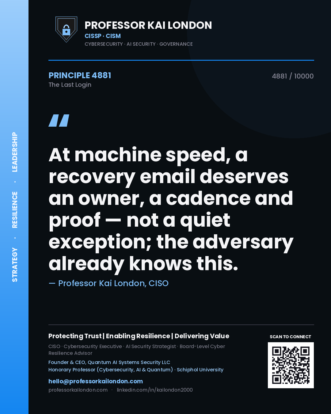 Quote card by Professor Kai London reading 'At machine speed, a recovery email deserves an owner, a cadence and proof — not a quiet exception; the adversary already knows this.'. From the book The Last Login.