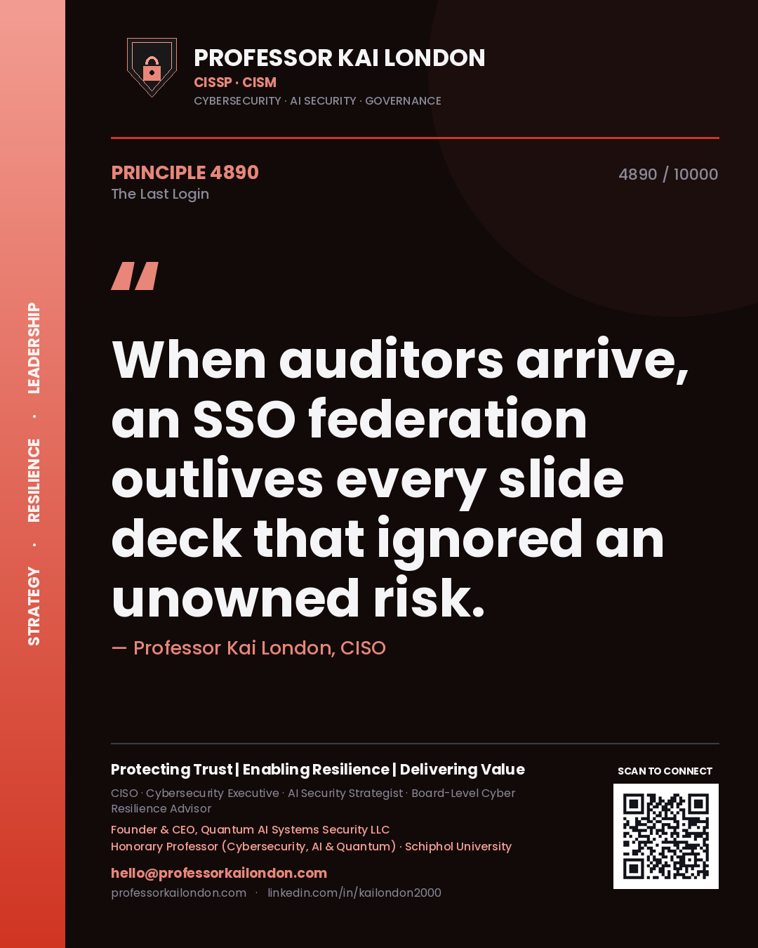 Quote card by Professor Kai London reading 'When auditors arrive, an SSO federation outlives every slide deck that ignored an unowned risk.'. From the book The Last Login.