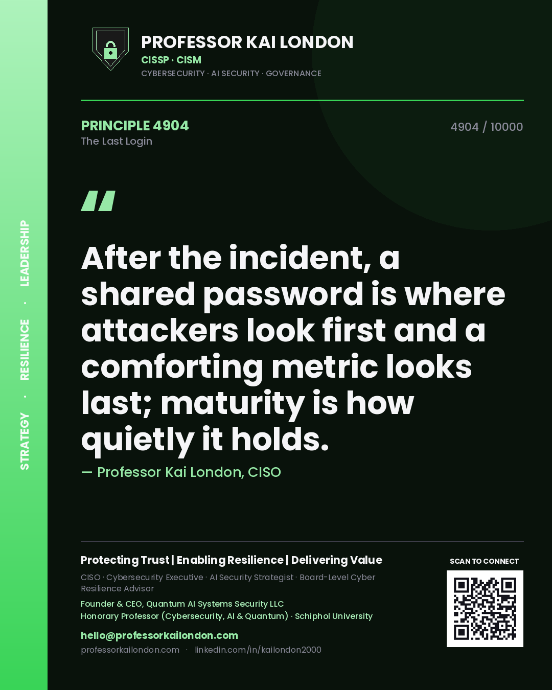 Professor Kai London principle 4904: After the incident, a shared password is where attackers look first and a comforting metric looks last; maturity is how quietly it holds.
