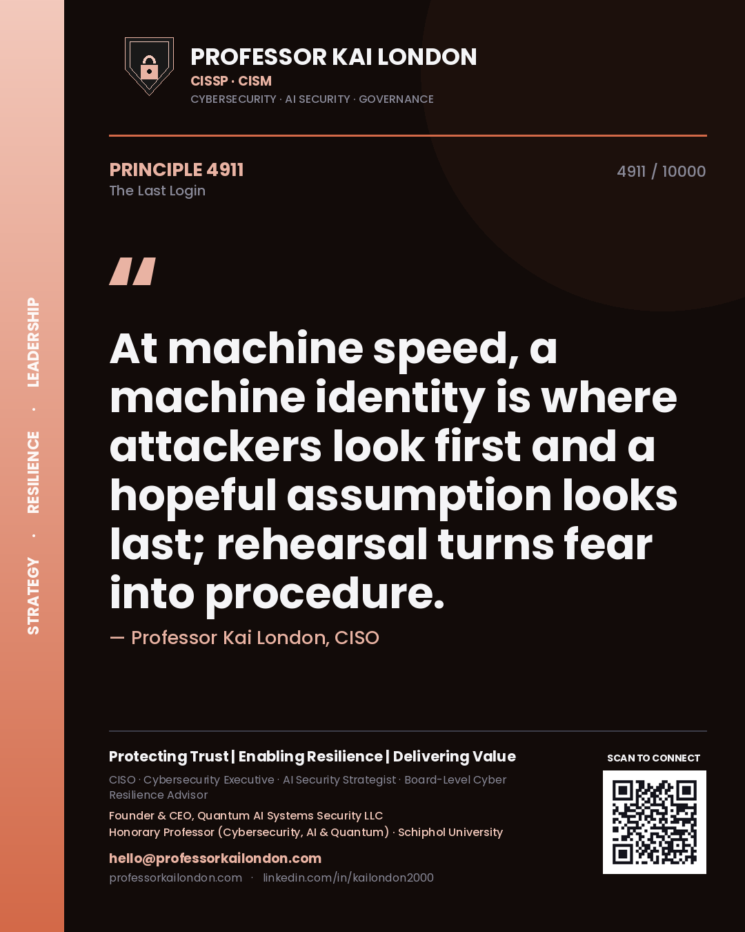 Quote card by Professor Kai London reading 'At machine speed, a machine identity is where attackers look first and a hopeful assumption looks last; rehearsal turns fear into procedure.'. From the book The Last Login.