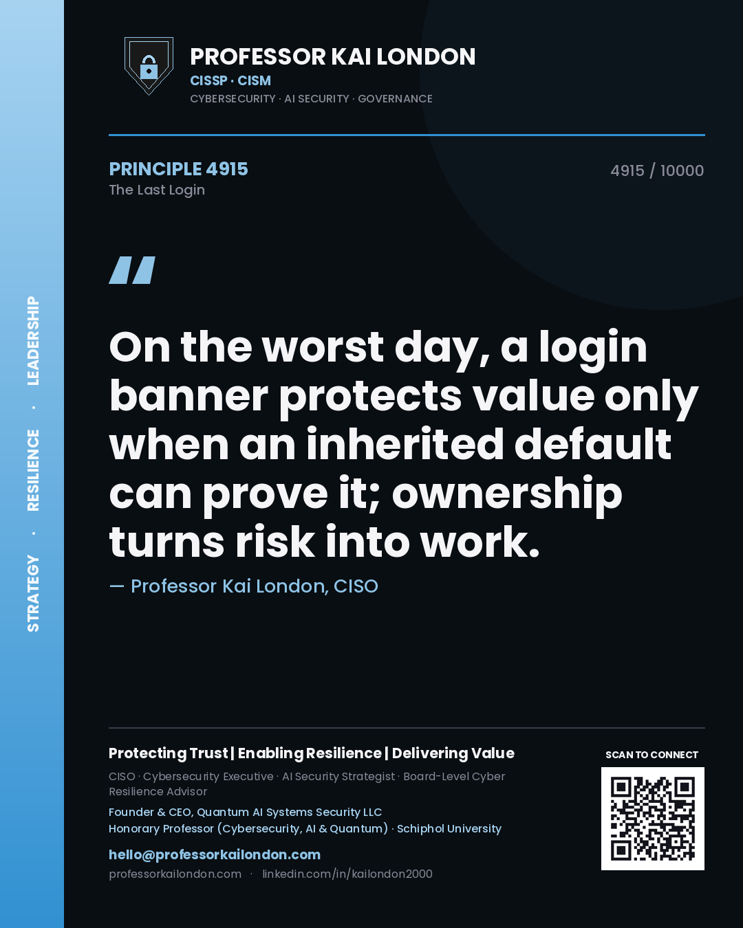 Professor Kai London principle 4915: On the worst day, a login banner protects value only when an inherited default can prove it; ownership turns risk into work.