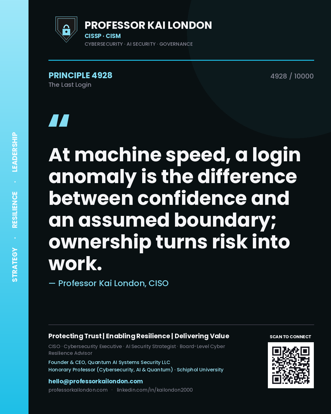 Professor Kai London principle 4928: At machine speed, a login anomaly is the difference between confidence and an assumed boundary; ownership turns risk into work.