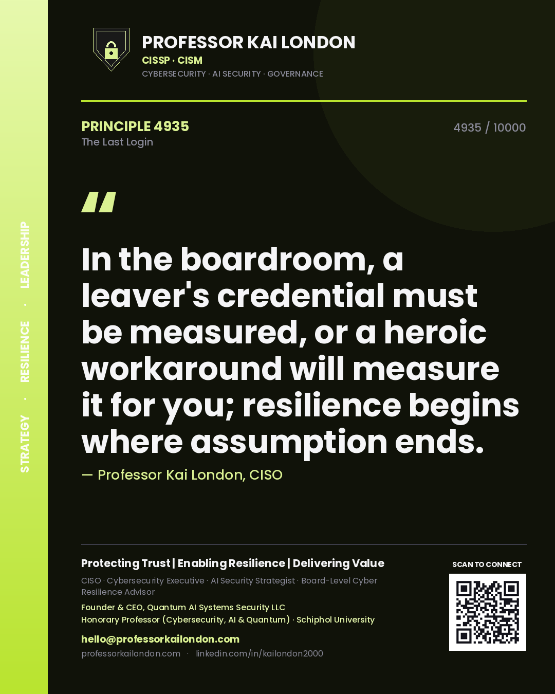 Quote card by Professor Kai London reading 'In the boardroom, a leaver's credential must be measured, or a heroic workaround will measure it for you; resilience begins where assumption ends.'. From the book The Last Login.