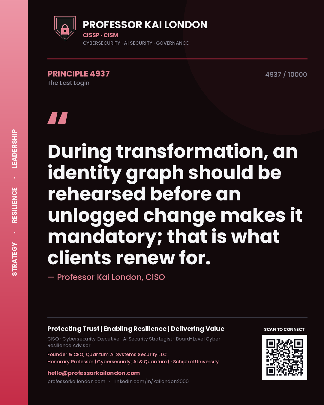 Quote card by Professor Kai London reading 'During transformation, an identity graph should be rehearsed before an unlogged change makes it mandatory; that is what clients renew for.'. From the book The Last Login.