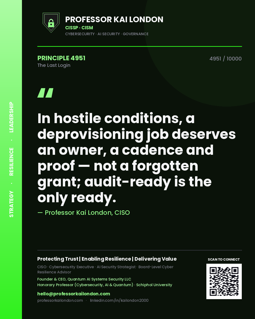 Professor Kai London principle 4951: In hostile conditions, a deprovisioning job deserves an owner, a cadence and proof — not a forgotten grant; audit-ready is the only ready.
