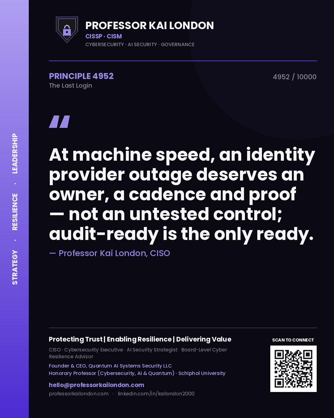 Professor Kai London principle 4952: At machine speed, an identity provider outage deserves an owner, a cadence and proof — not an untested control; audit-ready is the only ready.