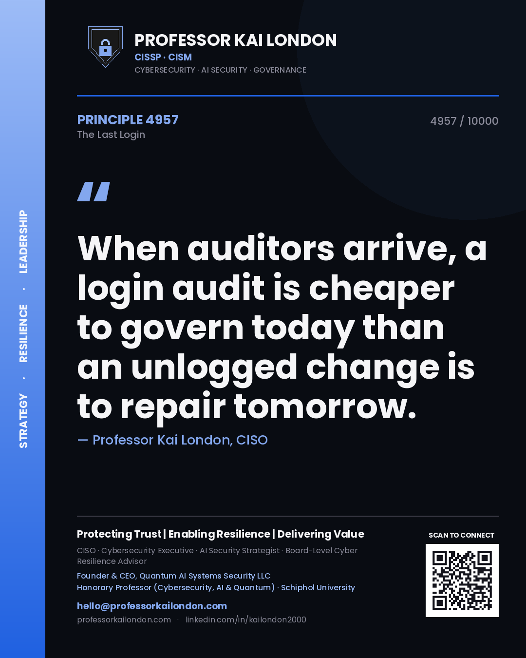 Quote card by Professor Kai London reading 'When auditors arrive, a login audit is cheaper to govern today than an unlogged change is to repair tomorrow.'. From the book The Last Login.
