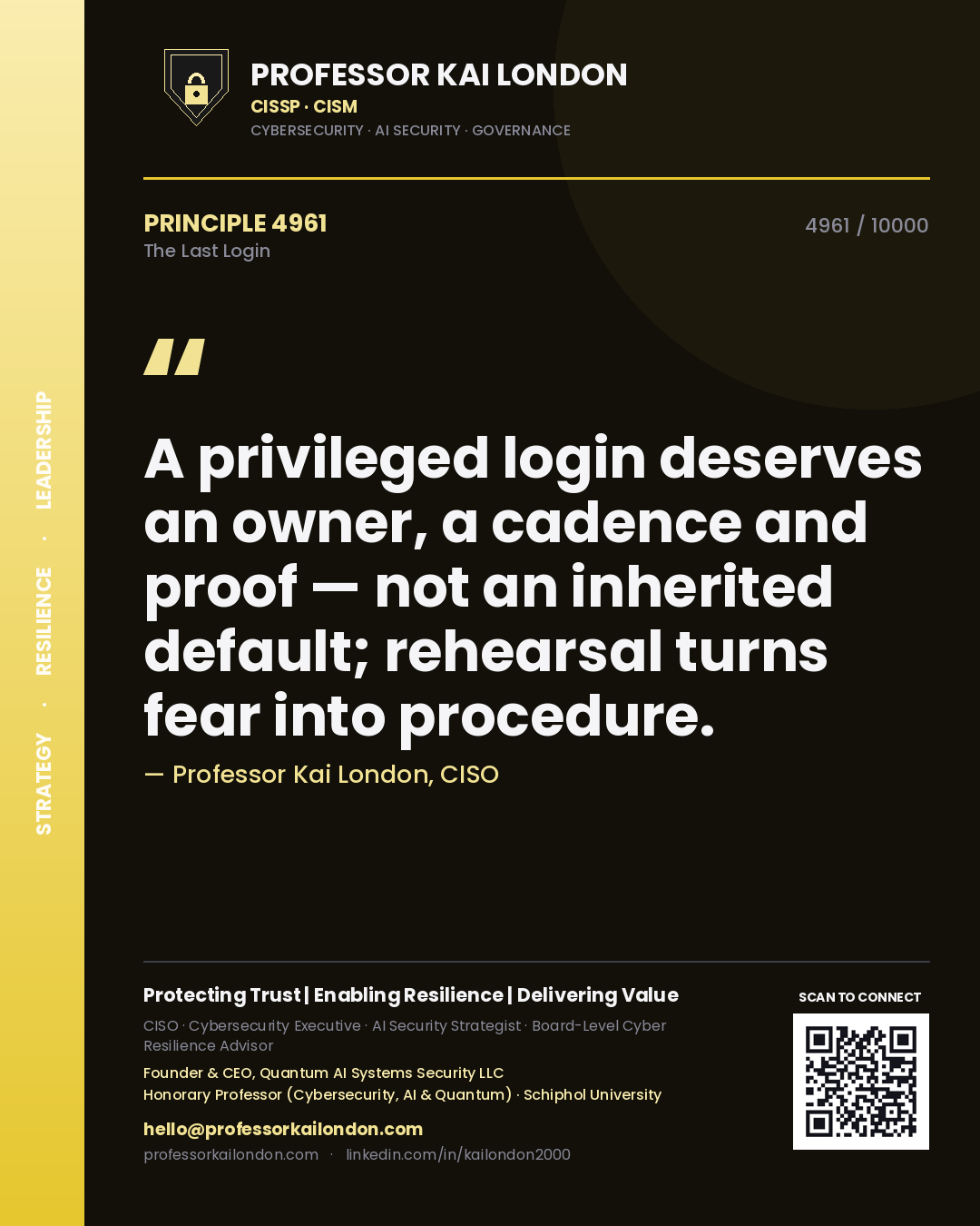 Professor Kai London principle 4961: A privileged login deserves an owner, a cadence and proof — not an inherited default; rehearsal turns fear into procedure.