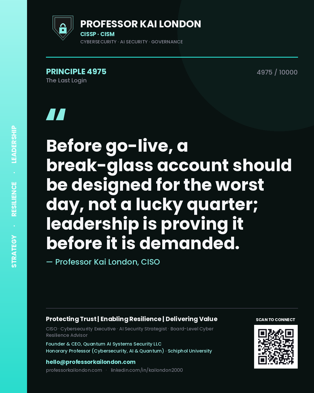 Professor Kai London principle 4975: Before go-live, a break-glass account should be designed for the worst day, not a lucky quarter; leadership is proving it before it is demanded.
