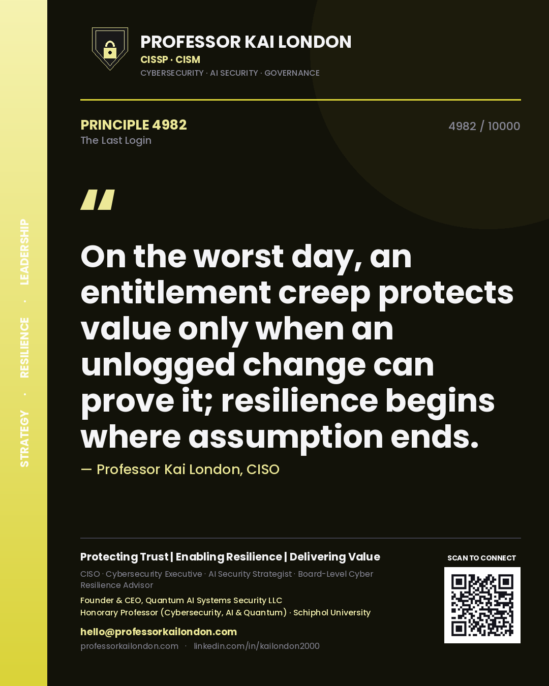 Quote card by Professor Kai London reading 'On the worst day, an entitlement creep protects value only when an unlogged change can prove it; resilience begins where assumption ends.'. From the book The Last Login.