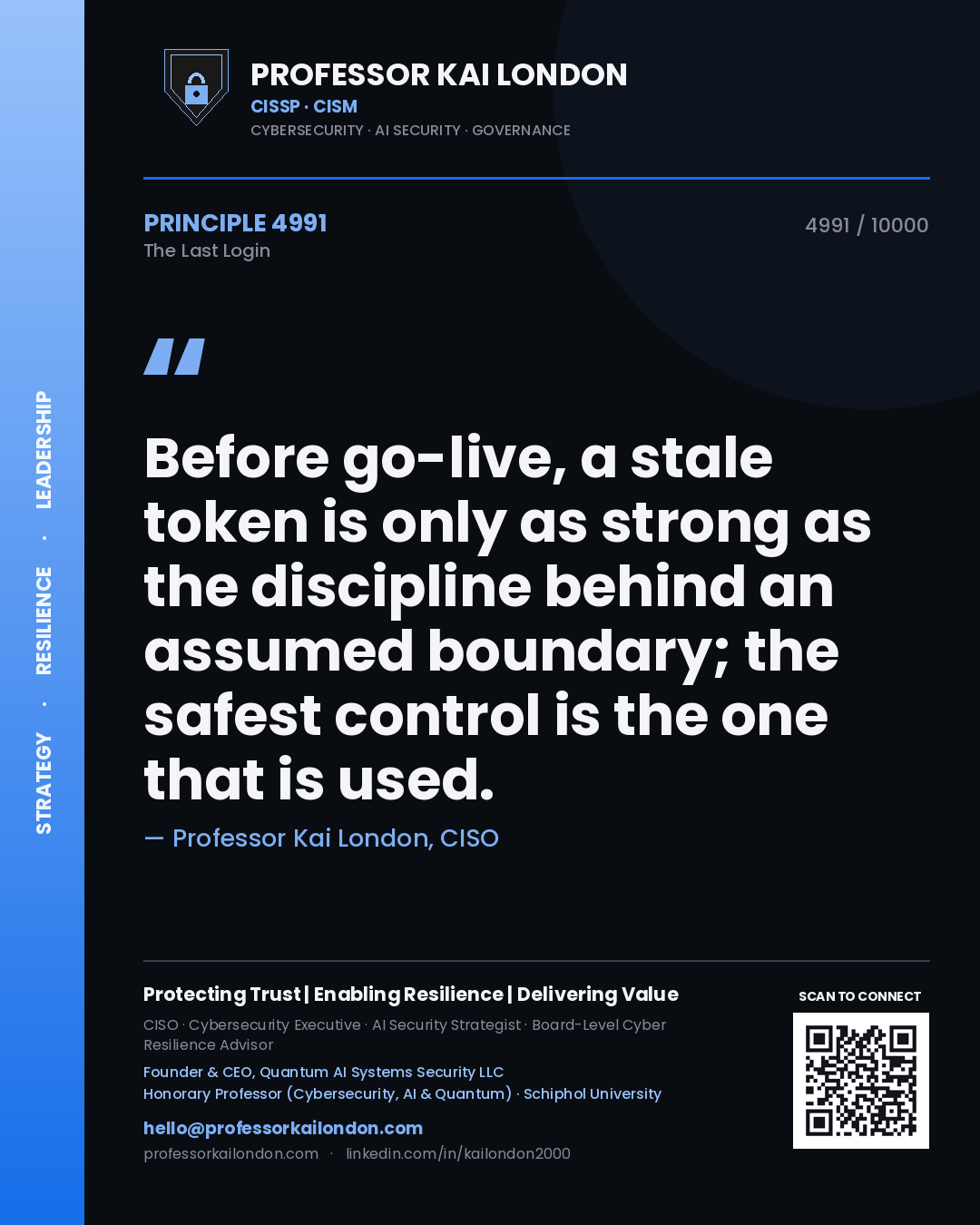 Quote card by Professor Kai London reading 'Before go-live, a stale token is only as strong as the discipline behind an assumed boundary; the safest control is the one that is used.'. From the book The Last Login.