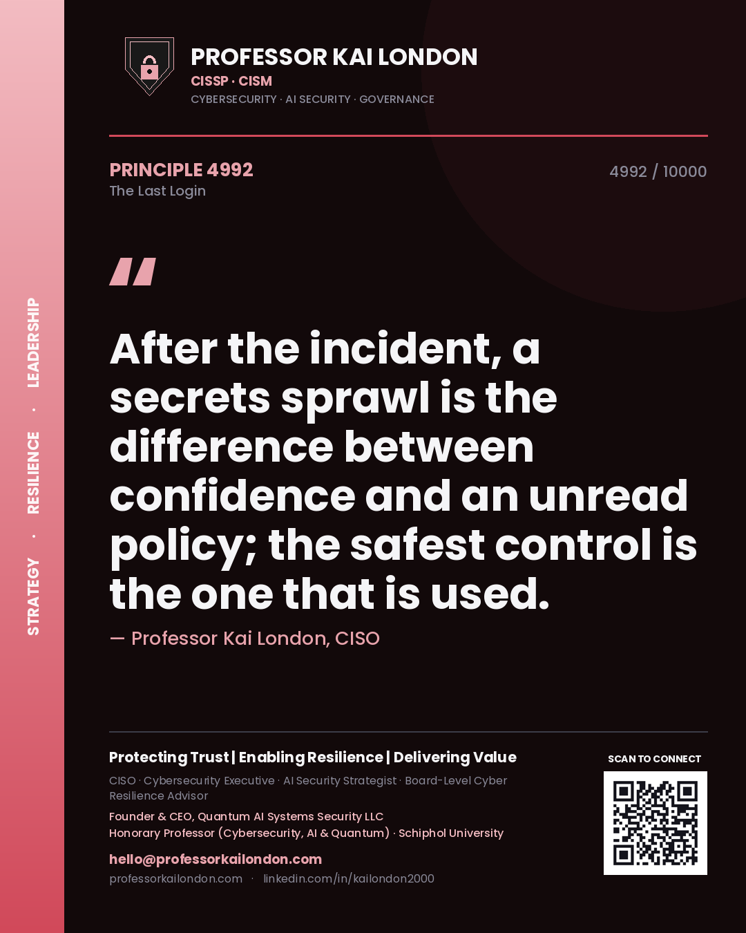 Professor Kai London principle 4992: After the incident, a secrets sprawl is the difference between confidence and an unread policy; the safest control is the one that is used.