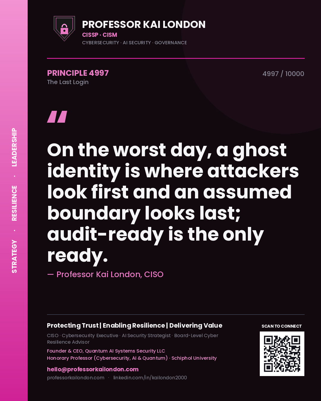 Professor Kai London principle 4997: On the worst day, a ghost identity is where attackers look first and an assumed boundary looks last; audit-ready is the only ready.